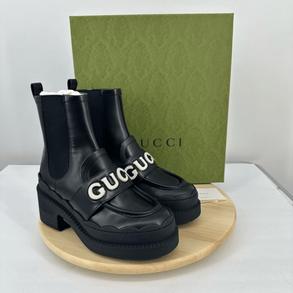 Gucci Women’s Ornella Leather Boots Logo Chunky Platform Chelsea US 8 Black NIB - Picture 1 of 15